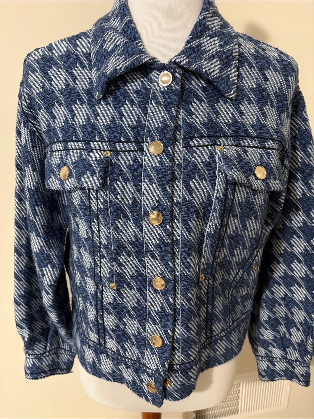 Sandro Blue and White Patterned Jacket with Gold Buttons-size 1